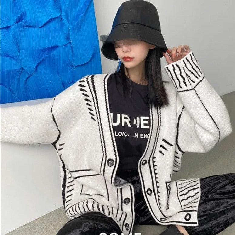 Loose Streetwear Y2K Graphic Printed Long Sleeves V-Neck Cardigan