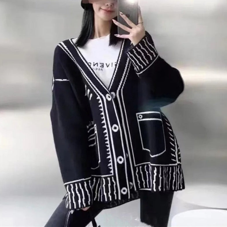 Loose Streetwear Y2K Graphic Printed Long Sleeves V-Neck Cardigan