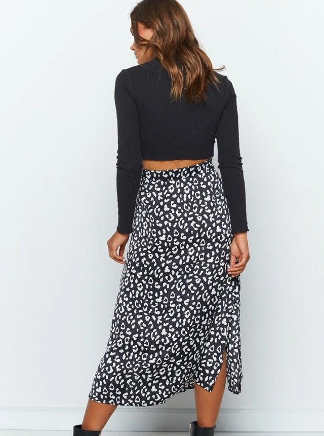 Leopard Print Chiffon High Waist Slit Skirt