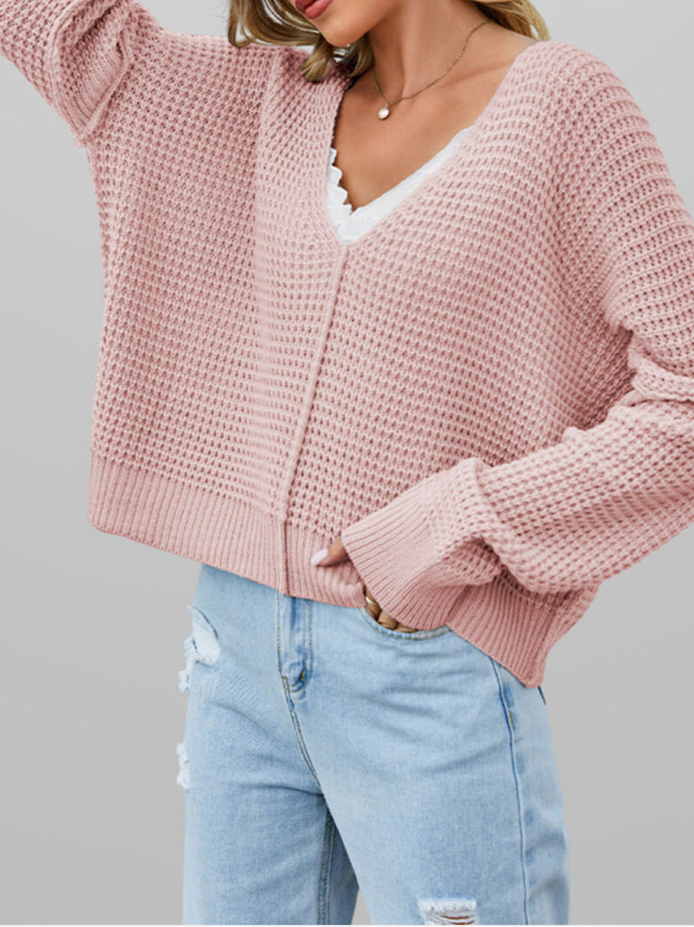 Damen Oversize Strickpullover V-Ausschnitt Lässig Langarm Freizeit