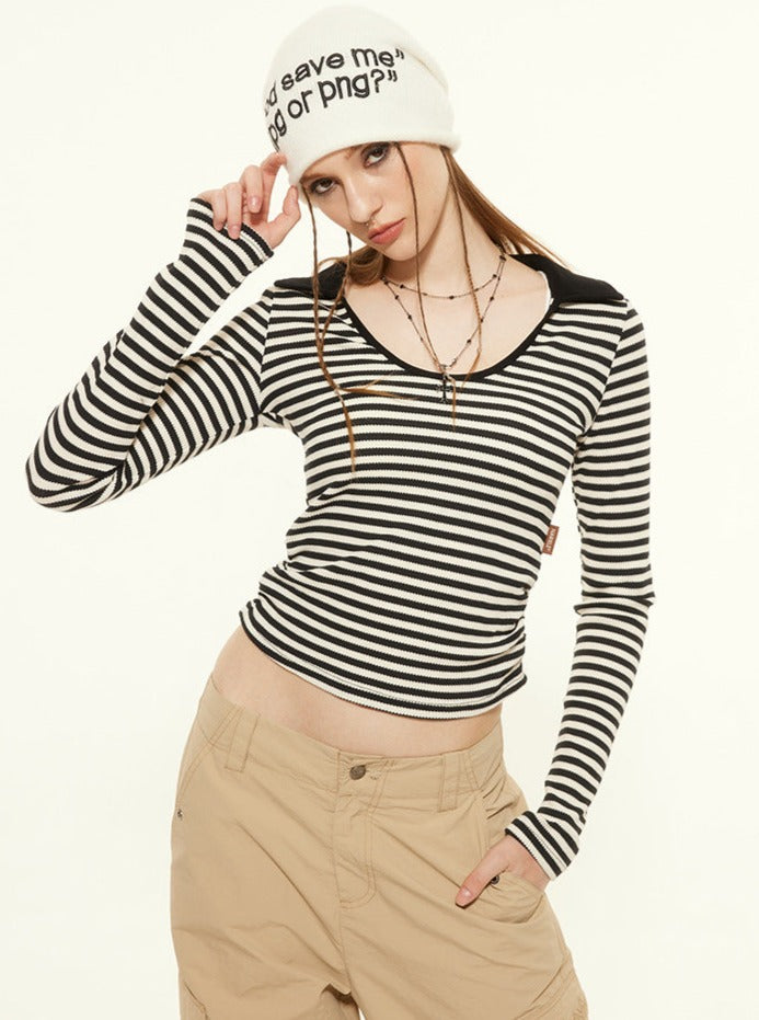 Sexy U-Collar Striped Long-Sleeved Top