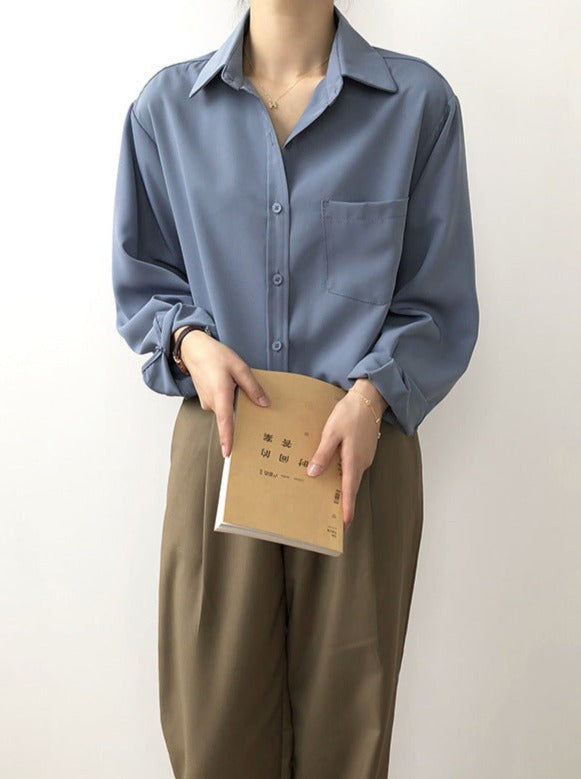 Blue Korean Long Sleeve Lapel Shirt