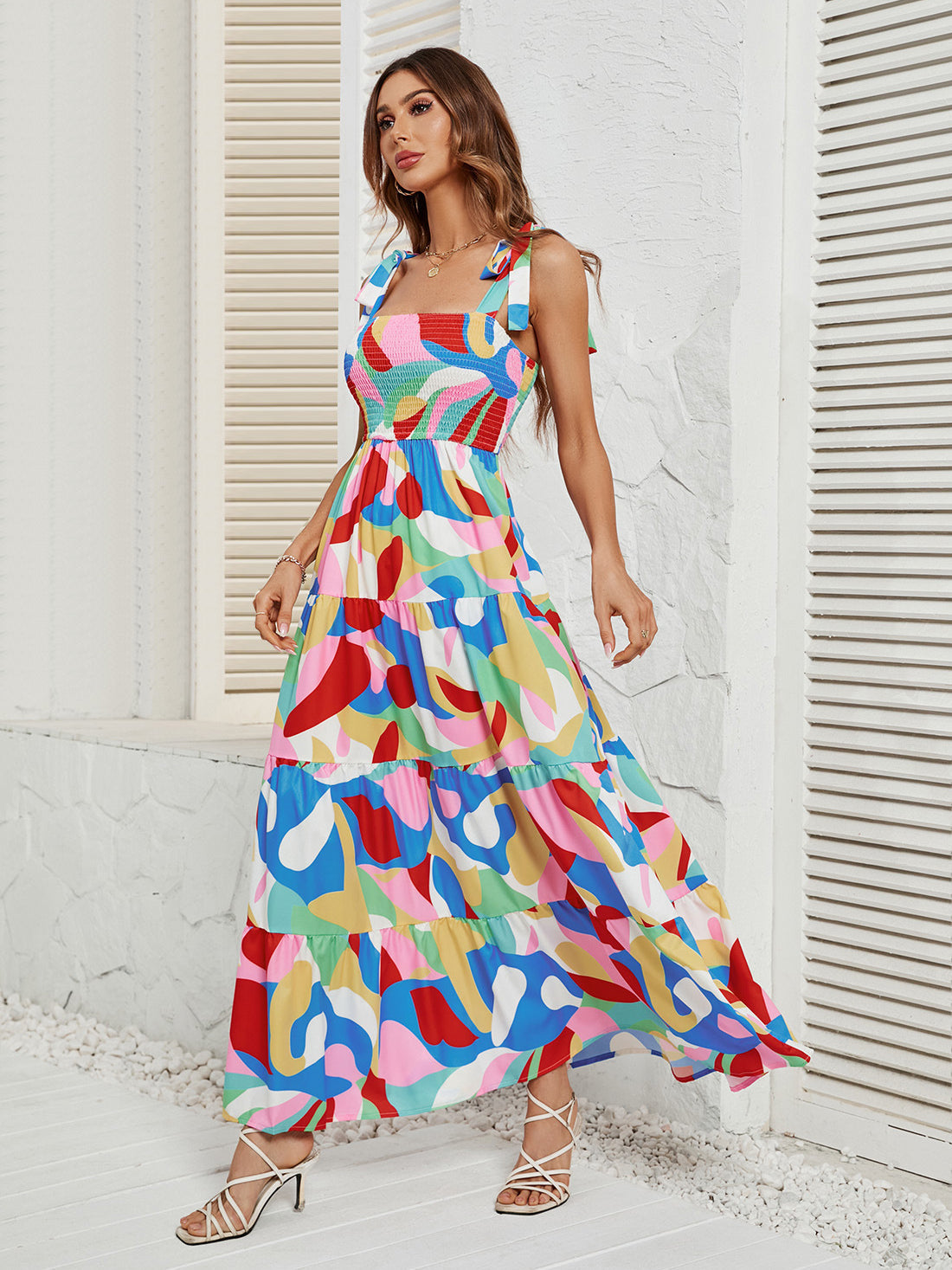 Casual Colorful Ribbon Shoulder Maxi Dress