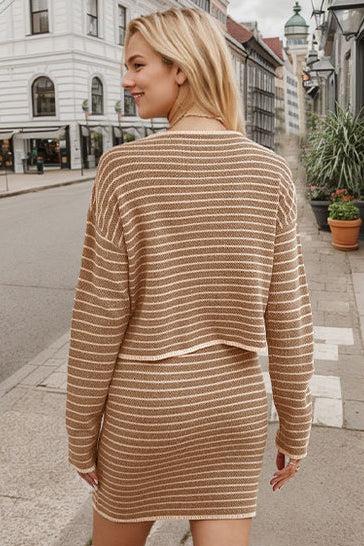 Khaki Casual Stripes Dzianinowa Bluzka Mini Spódnica Komplet 