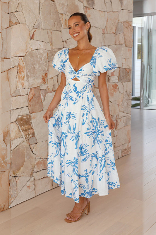 Sommer Damen Elegantes Langes Kleid Festlich Blau Floral Off-Shoulder Midi Ballonärmel