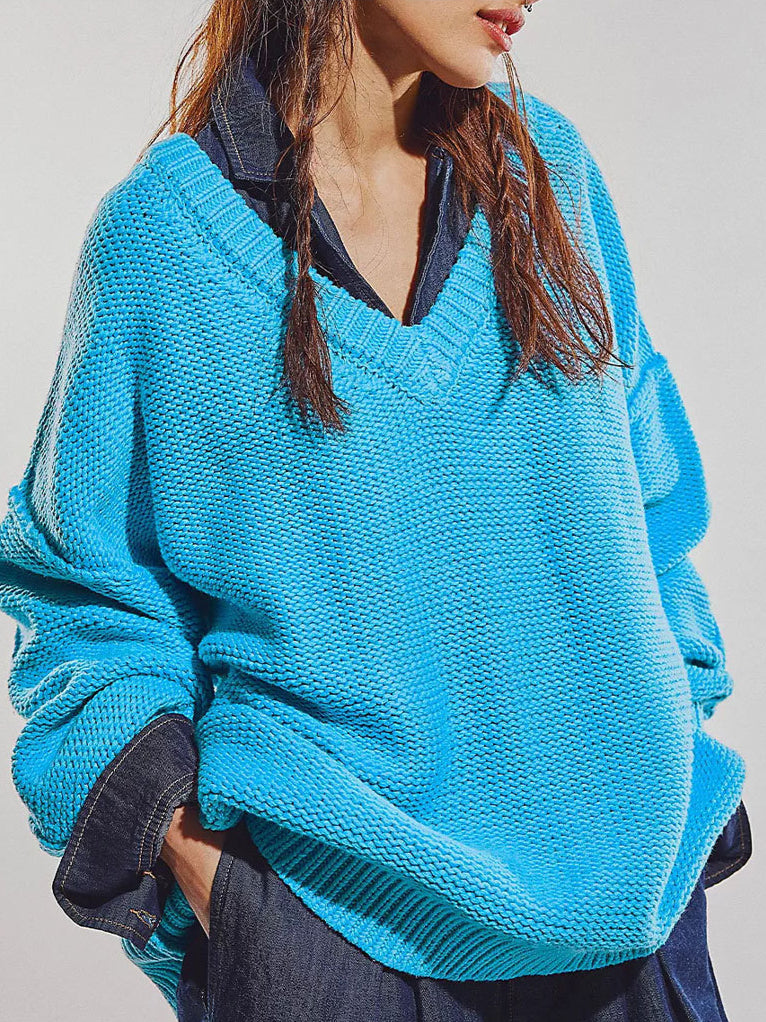 Oversize-Pullover mit V-Ausschnitt für Frauen, lässiger Grobstrick-Pullover