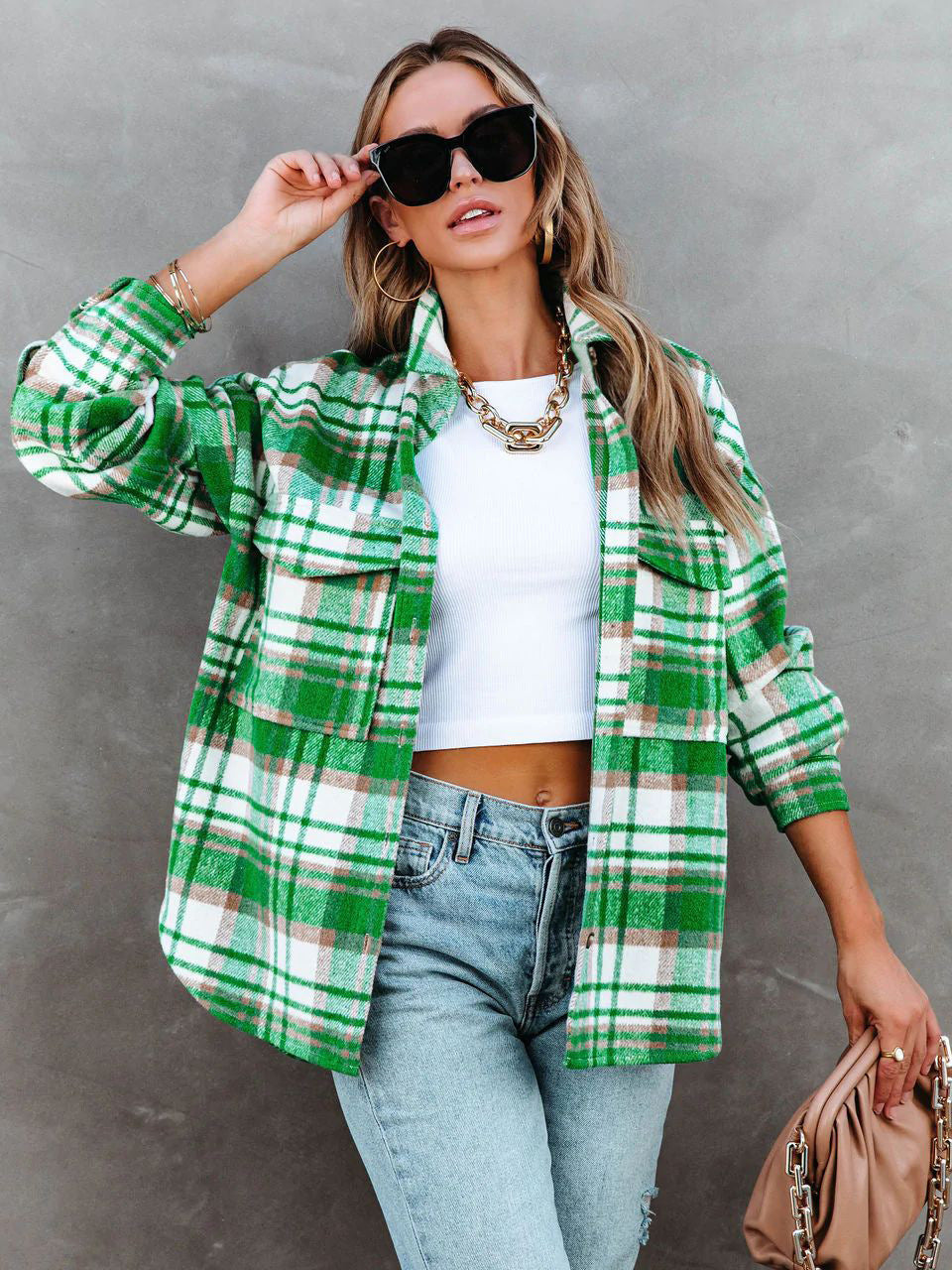 Chic Trendy Green Plaid Overshirt