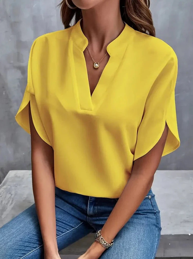 Elegant Short Sleeve Deep Notch V Neck Blouse