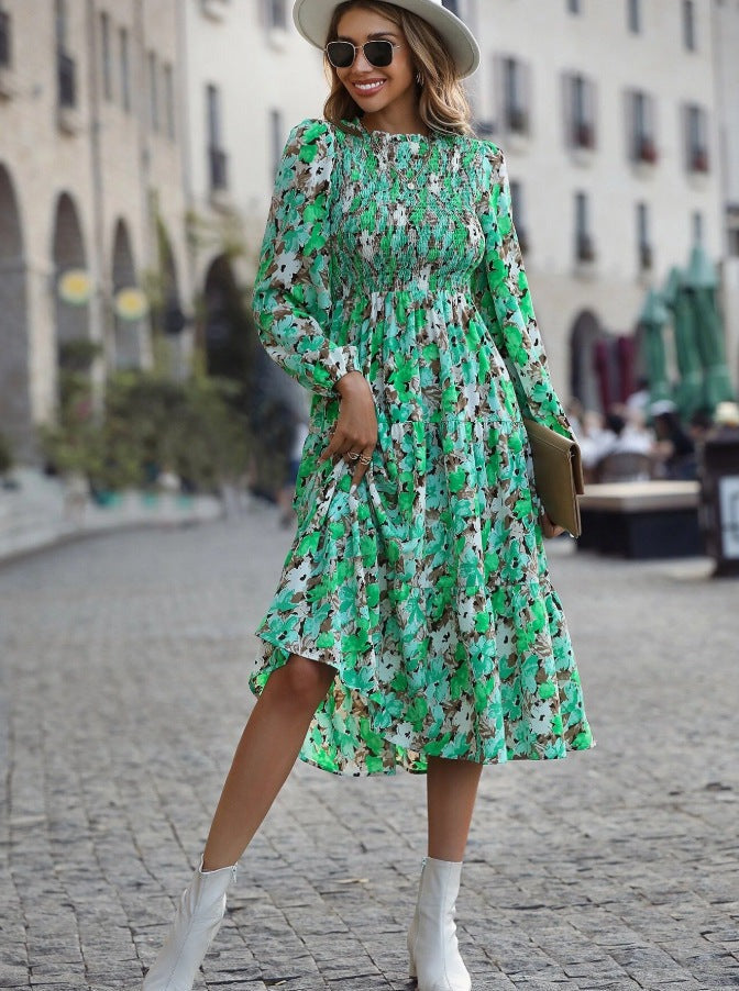 Floral Printed Lantern Sleeve Flared Dress