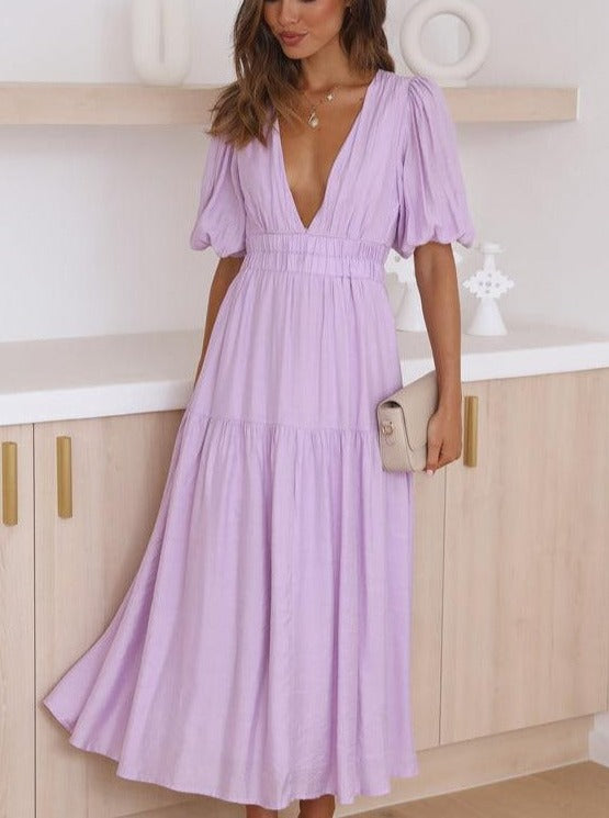 Solid Color Fluff Sleeve V-Neck Pleated Dress