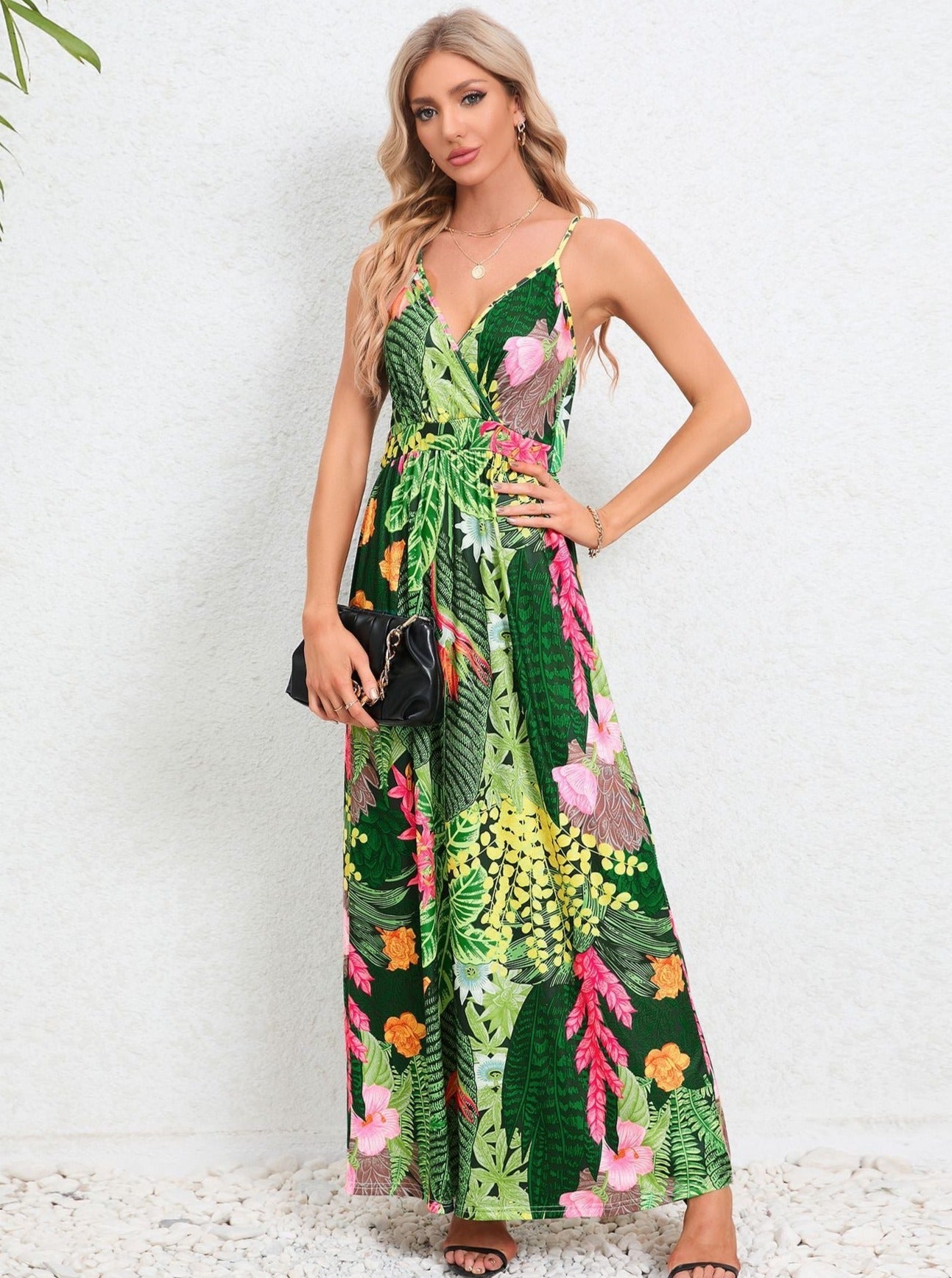 Dark Green Tropical Printed Long Dress