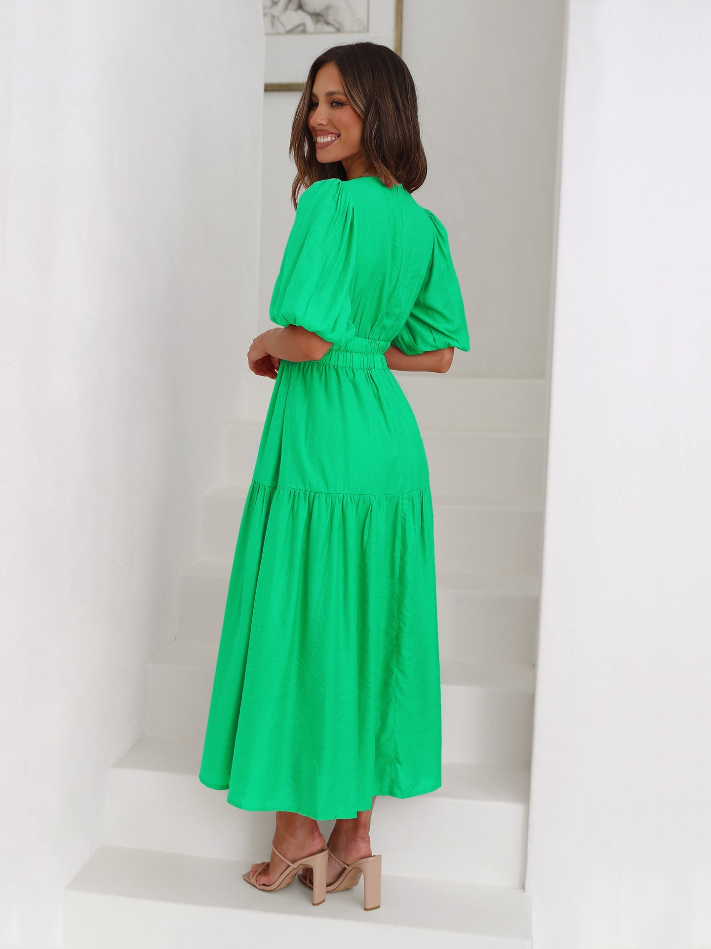 Green Deep V-Neck Puff Sleeve Layered Dress