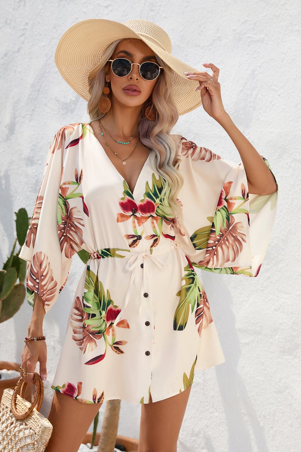 Floral Boho Damen Kimono Playsuit Kurzärmelig - Sommer Strandmode Jumpsuit Bunt