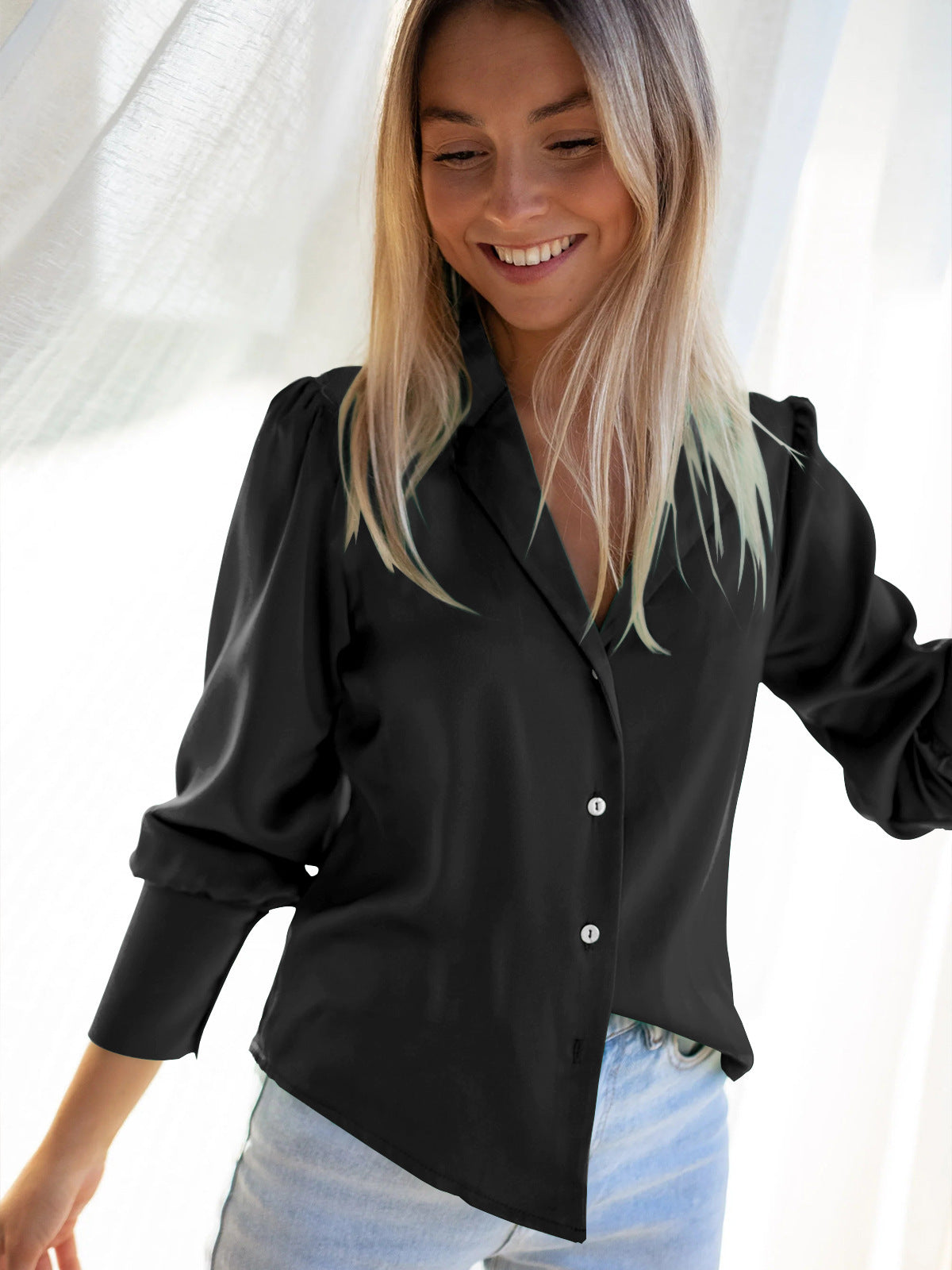 Black Women Loose Button Down Long Sleeve Shirt