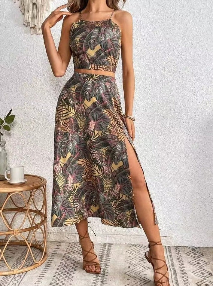 Two Piece Tropical Printed Skirt Set