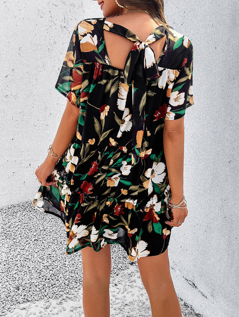 Black Leisure Vacation Printed Short-Sleeved Dress