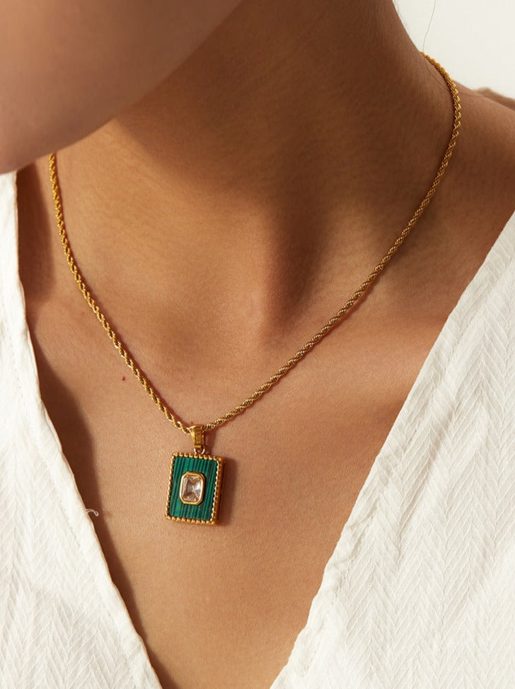 18K Green Rectangular Pendant Gold Plated Necklace