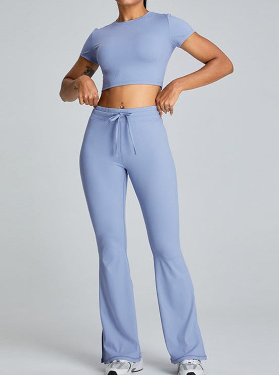 Blue Slit-Flared Butt-Lifting Drawstring Fitness Pants