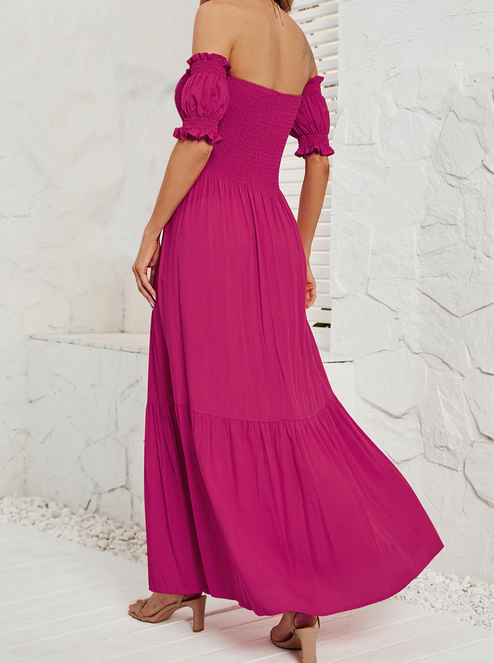 Off Shoulder Bell Sleeve Solid Color Maxi Dress