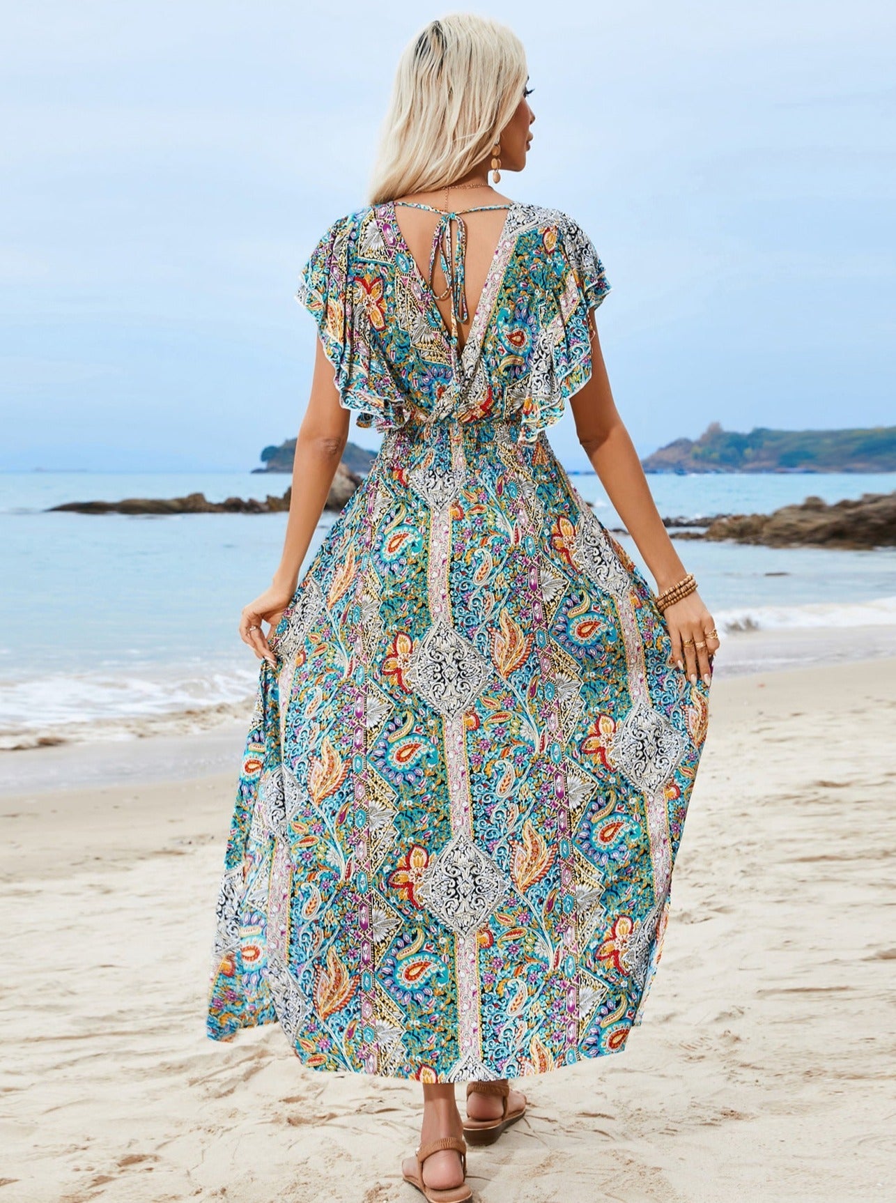 V-Neck Bohemian Printed Sun Dress