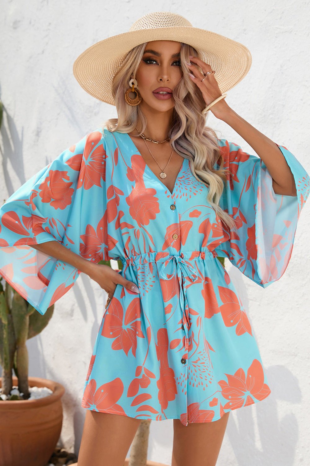 Floral Boho Damen Kimono Playsuit Kurzärmelig - Sommer Strandmode Jumpsuit Bunt