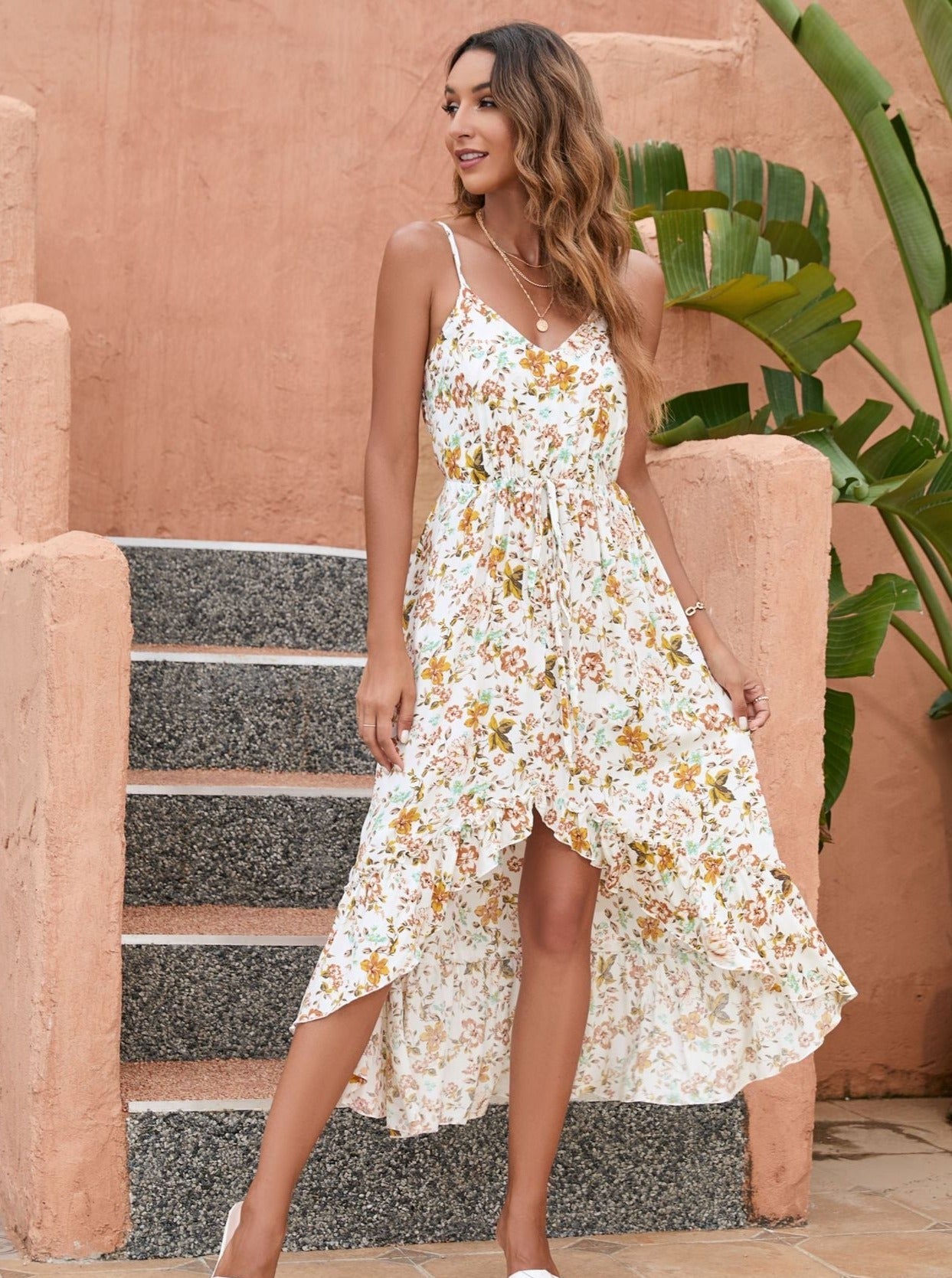 Floral Printed Sleeveless Asymmetrical Dress