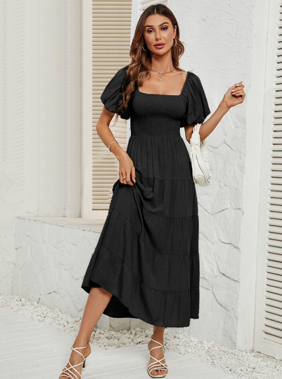 Black High Waist Bubble Sleeve Square Neck Maxi Dress