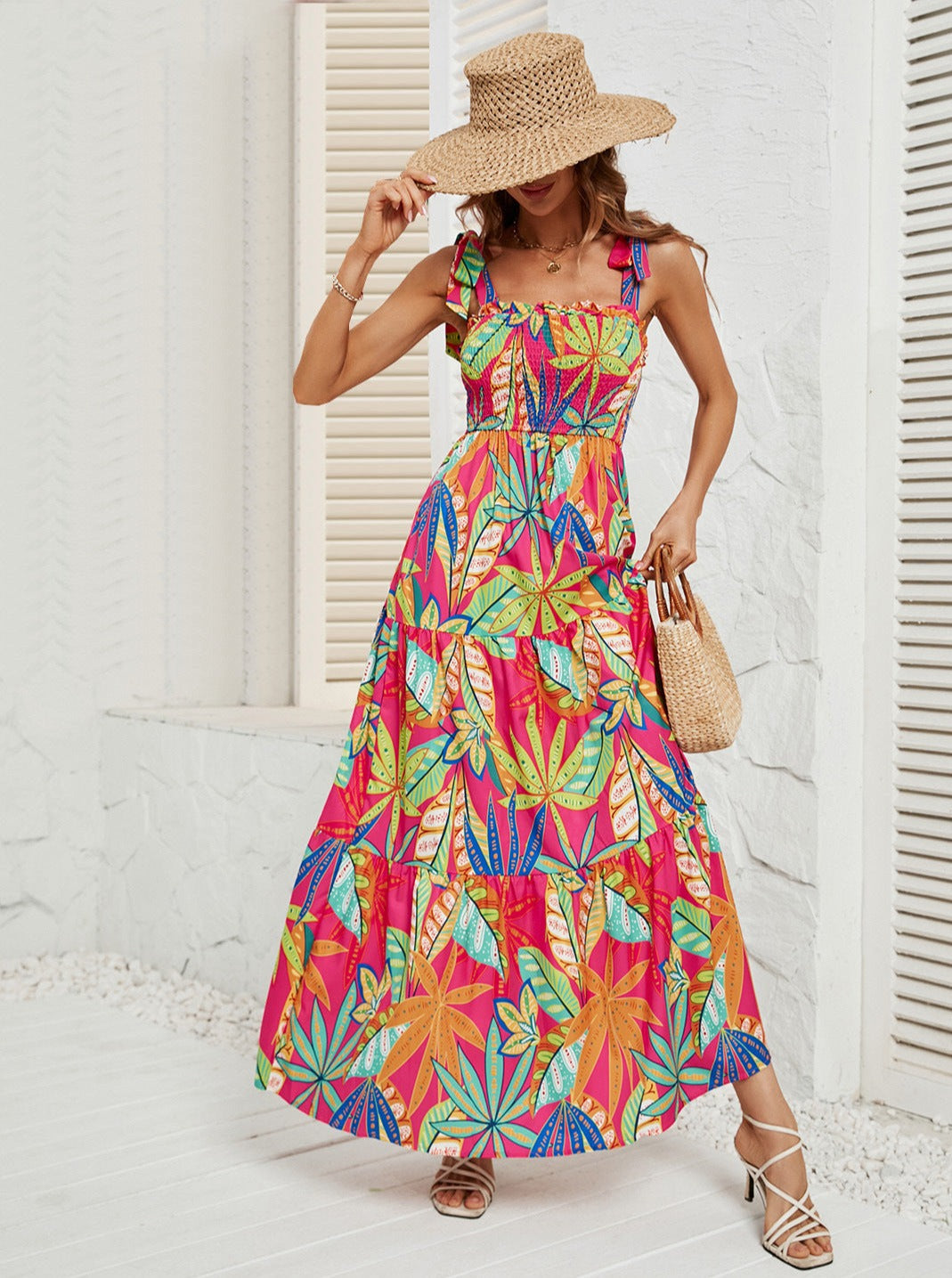 Casual Loose Floral Boho Halter Wrap High Waisted Midi Dress