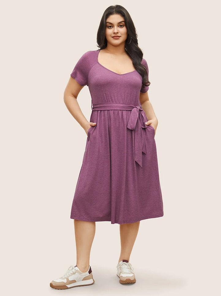 Plus Size Purple Scoop Neck Tie Waist Summer Dress