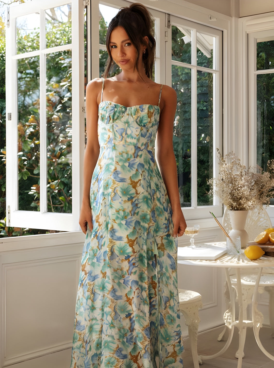 Floral Printed Spaghetti Strap Long Dress