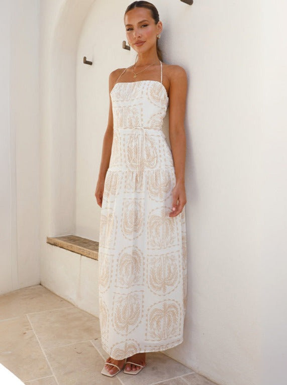 White Floral Halter Neck Maxi Dress