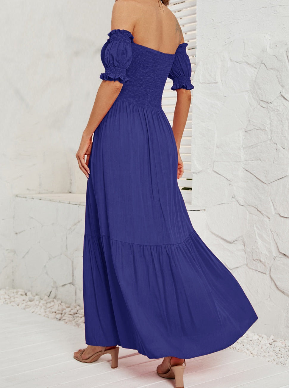 Off Shoulder Bell Sleeve Solid Color Maxi Dress