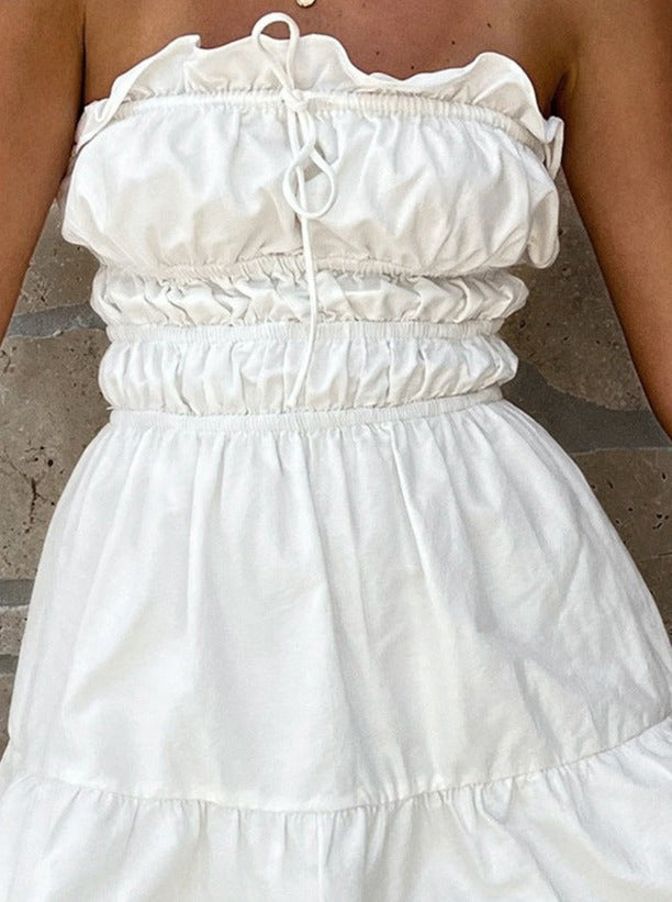 Solid Color Tube Top Drawstring Dress