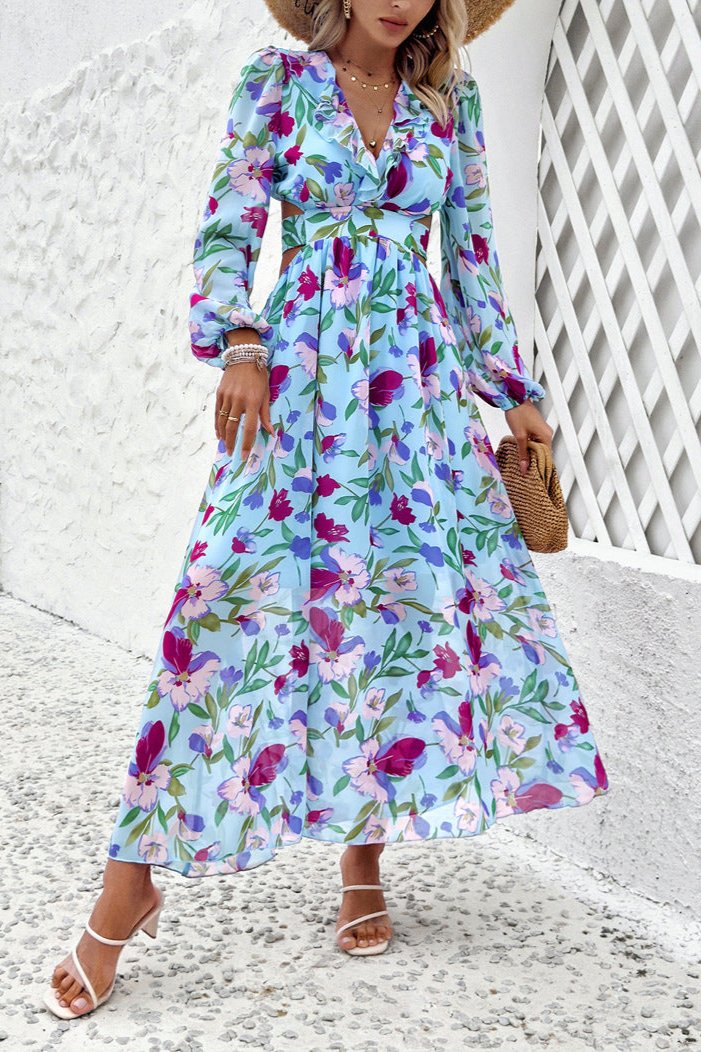 Long Sleeve Deep V-Neck Blue Floral Maxi Dress