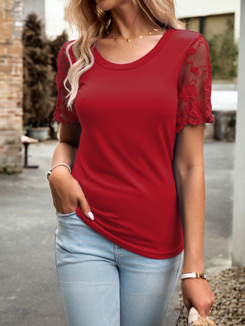 Red Round Neck Lace Sleeve T-Shirt