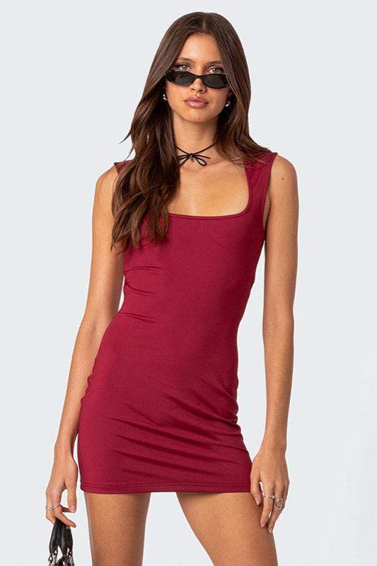 Solid Red Square Neck Dress