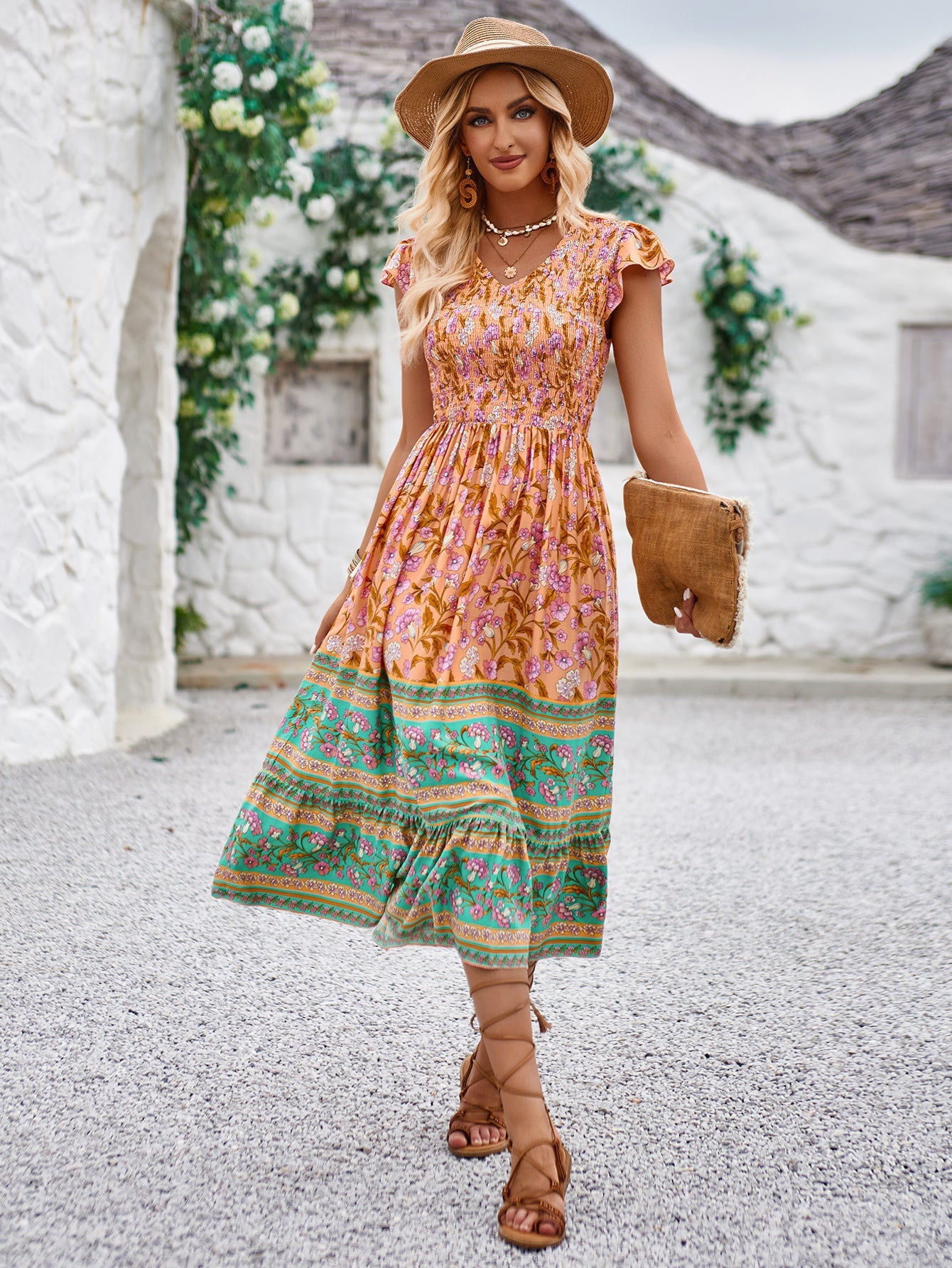 Casual Boho Floral Pleated High Waist Slim Dress