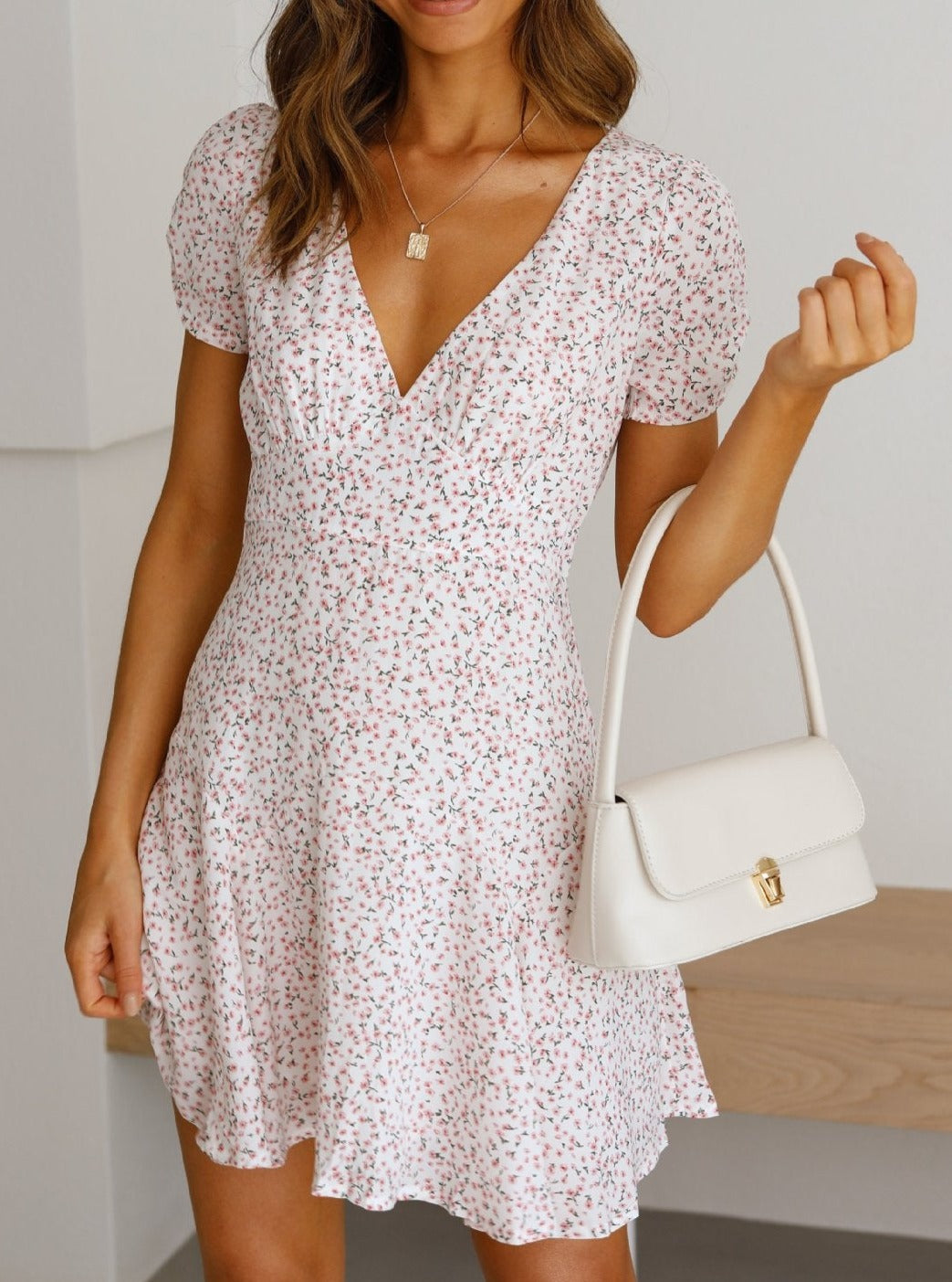 V-Neck Short Sleeved Floral Printed White Dress