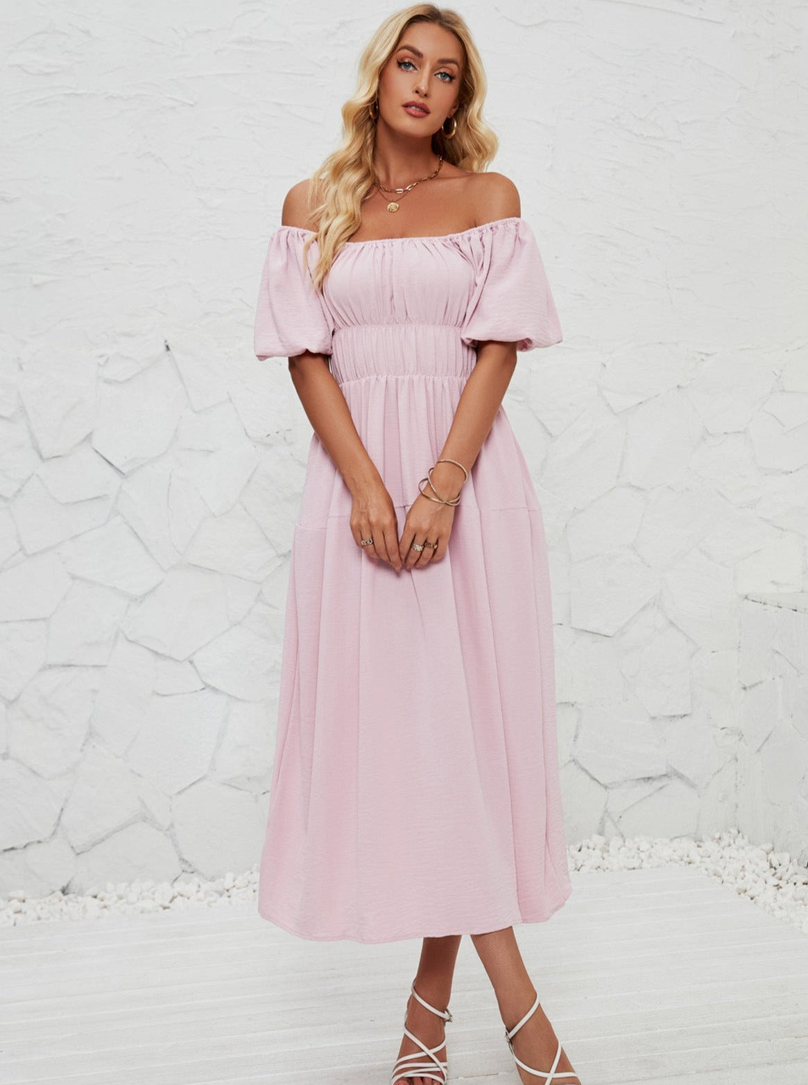 Schulterfreies Maxikleid, Elegant Sommerkleid mit Puffärmeln