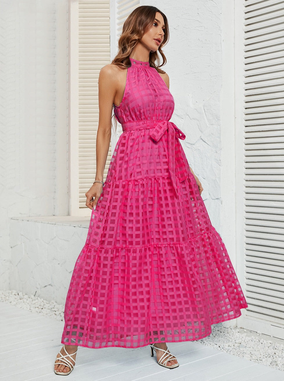 Pink Halter Mesh Belted Maxi Dress