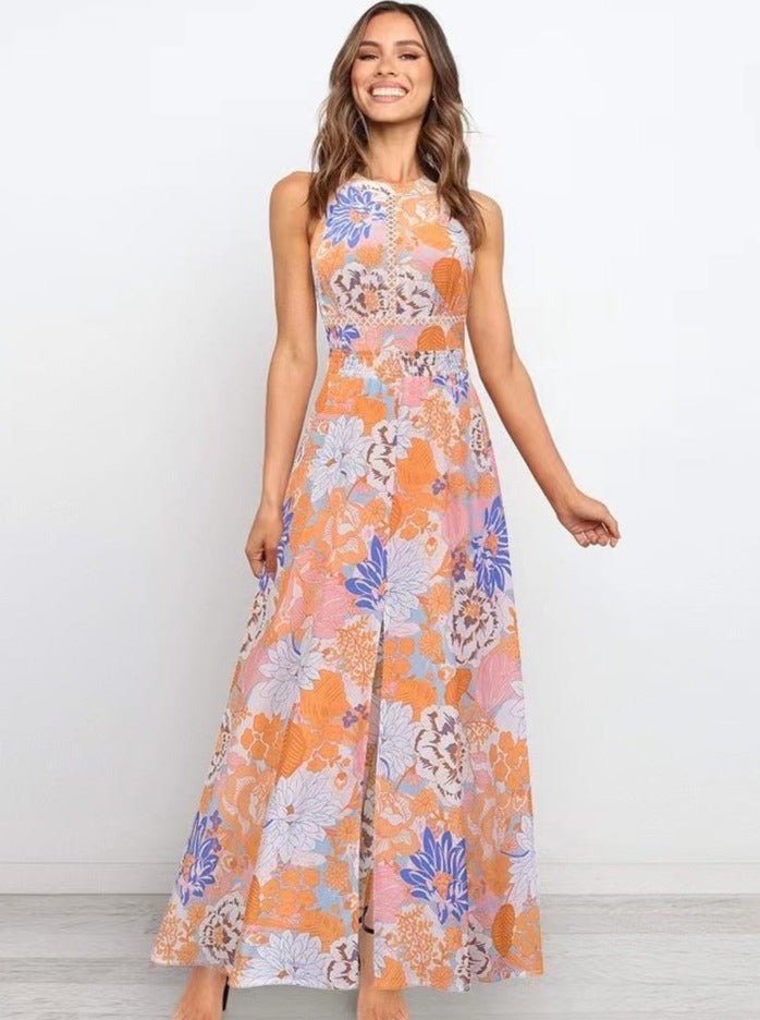 Floral Printed Halter Neck Racer Back Maxi Dress