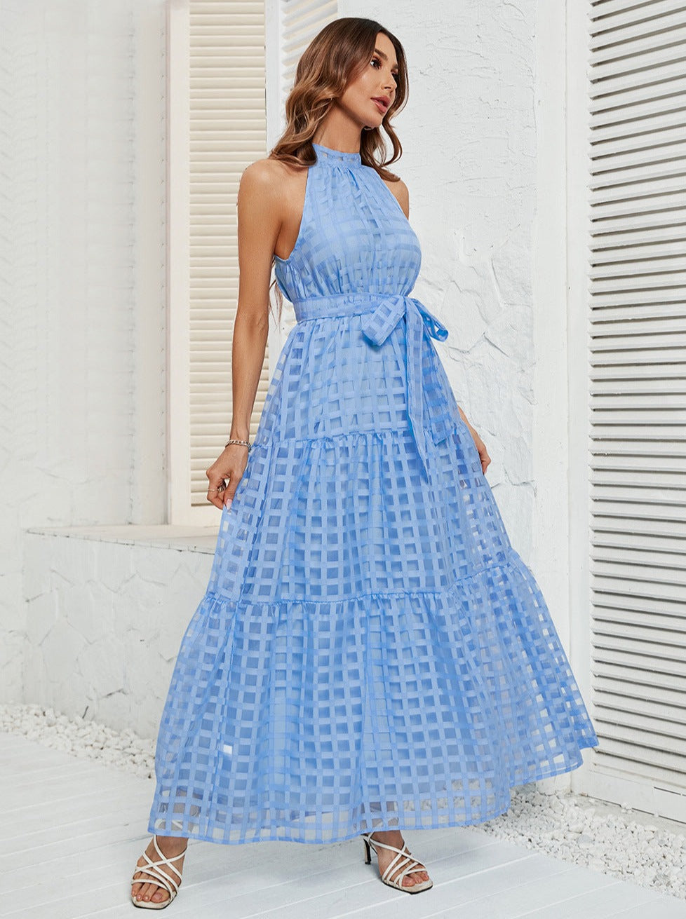 Blue Halter Mesh Belted Maxi Dress