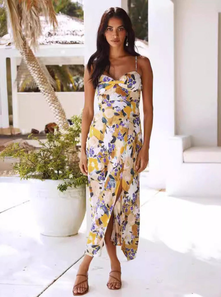 Summer Slim Split Sexy Floral Chiffon Vintage Midi Dress