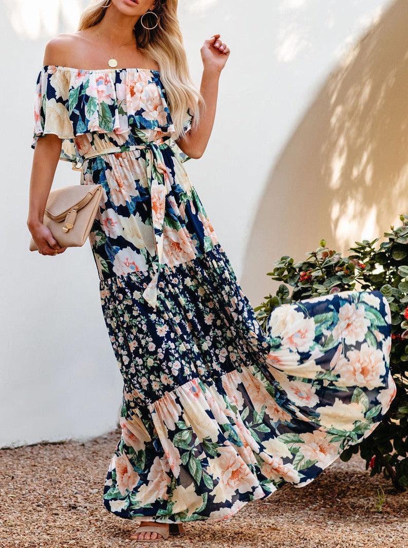 Navy Blue Floral Retro Printed Off Shoulder Maxi Dress