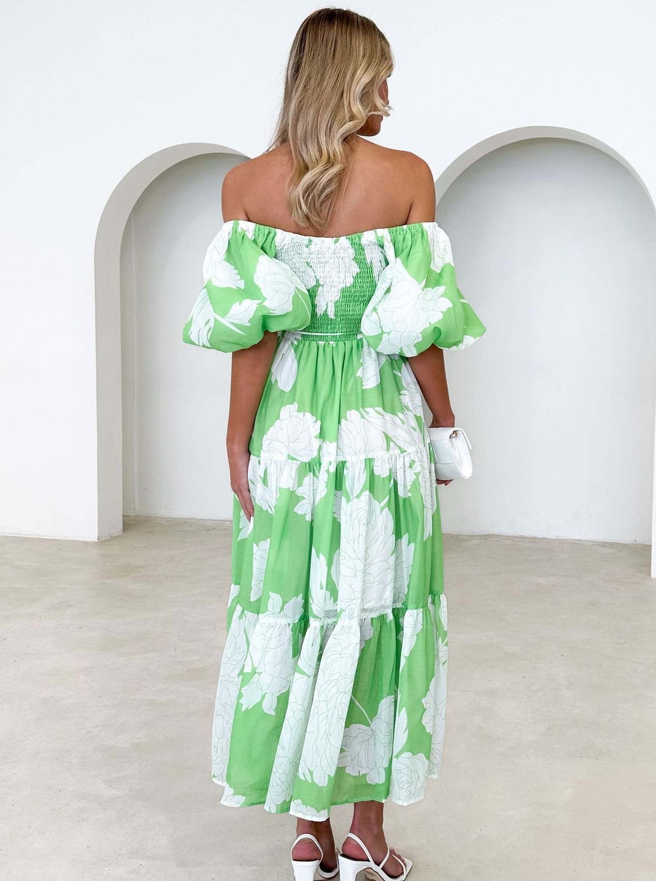 Floral Maxikleid Off-Shoulder Puffärmel Buntes Muster Sommer Chic