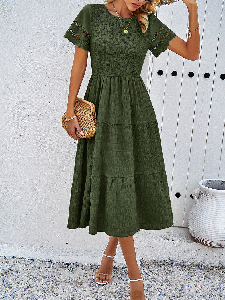 Dark Green Elegant Layered Hollow Dress