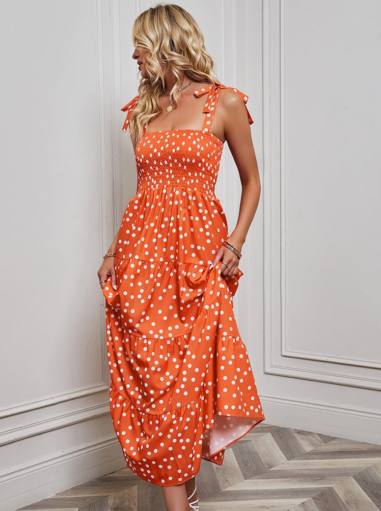 Cute Polka Dots Ribbon Shoulder Dress