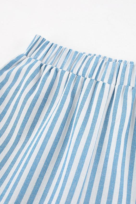 Casual Blue Stripes High Waist Loose Straight Elastic Trousers