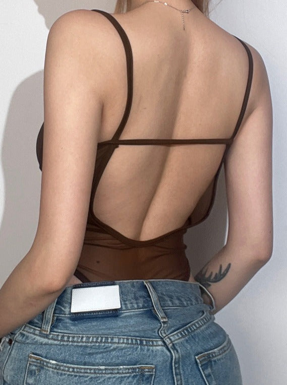 Spaghetti Strap Mesh Backless Bodysuit