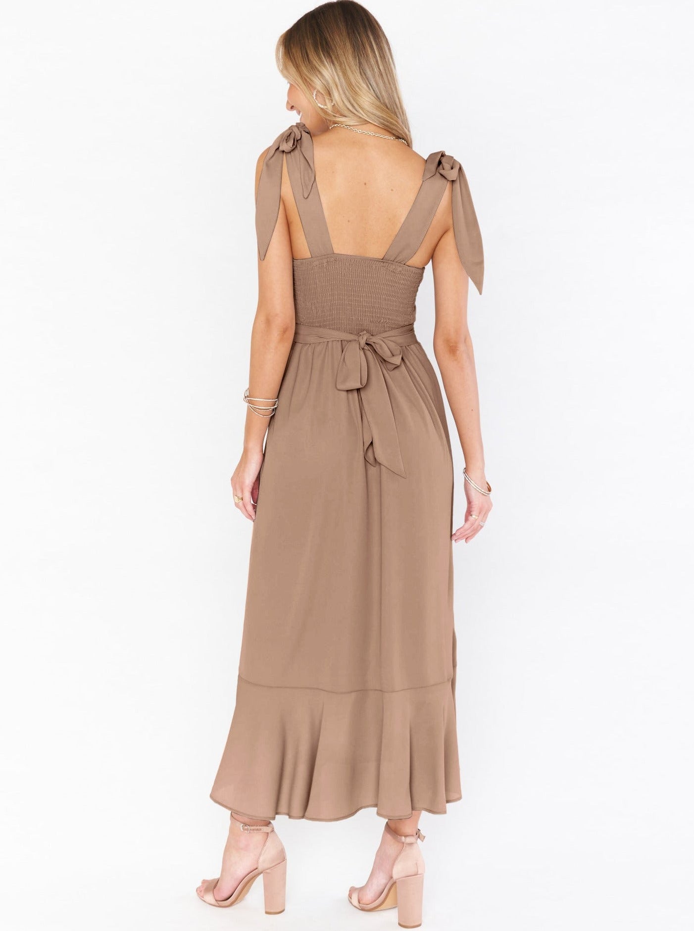 Sommerkleider Midi Braun Schleife Elegant Leinen Maxi mit Schlitz